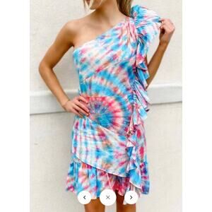 NWOT Alla Berman Leila Ruffle Mini Dress in Blue & Pink Tie Dye Size XS XSmall